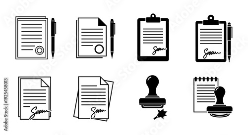 Document icons with pen and stamp in monochrome style