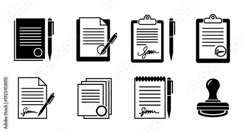 Document and signature icons set for offices and businesses