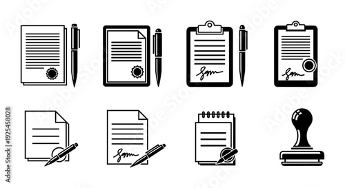 Black and white document icons with signature and pen stylized collection