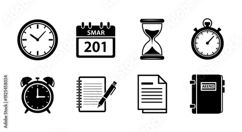 Black and white time management and planning icons set