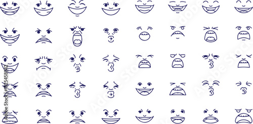 Diverse facial expressions in blue line art style