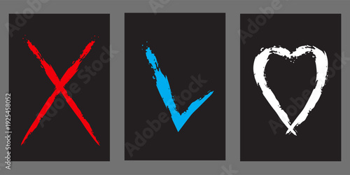 The cross, heart and OK symbol are hand-drawn with a brush. Prohibition, denial, error. Love. Approval, consent. Vector, set of 3 characters