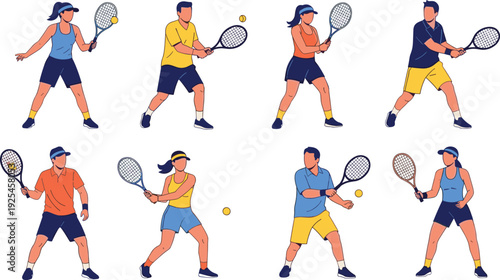 Tennis Players Action Collection with Male and Female Athletes Performing Forehand and Backhand Shots Vector Illustration Set
