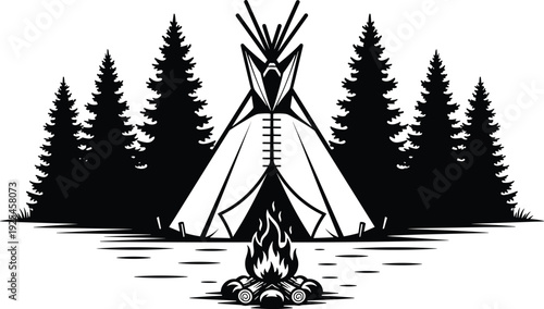 Black and white camping illustration, teepee tent, campfire flames, pine forest background, wilderness adventure, outdoor survival, cultural heritage design