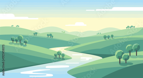Serene sunrise over rolling hills and river in flat style landscape