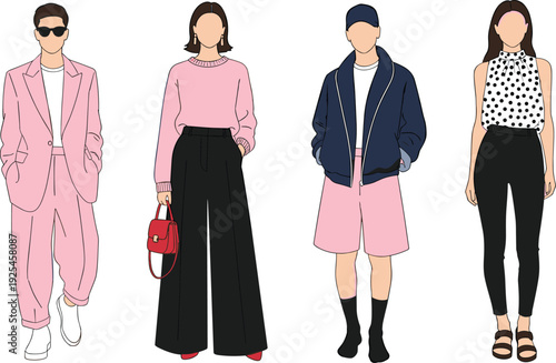 Fashion illustration of four individuals, stylish outfits, pink and black tones, trendy clothing, modern design, accessories, sunglasses, handbag, cap
