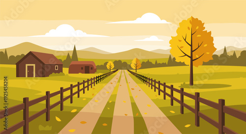 Autumn countryside landscape with pathway and trees in warm tones