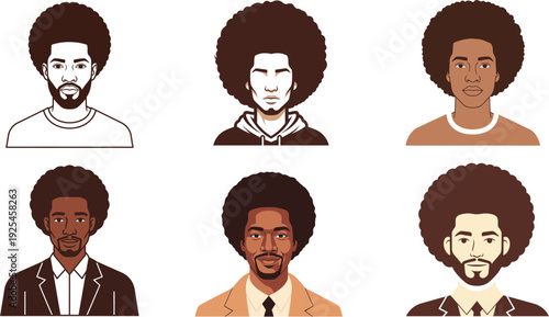 Diverse male portraits with various hairstyles and facial hair, showcasing different styles and professions in a clean graphic illustration