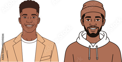 Two smiling men, one in a blazer and the other in a hoodie, are depicted in a simple illustration