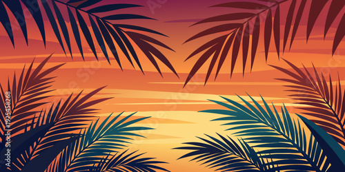 Vibrant tropical sunset with palm leaves silhouette wallpaper for backdrop design needs