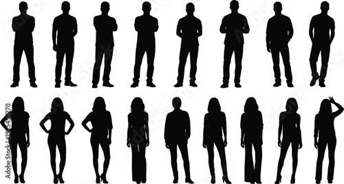 Male and female silhouettes in various poses, standing figures, posture study, gender representation, black vector design on white background