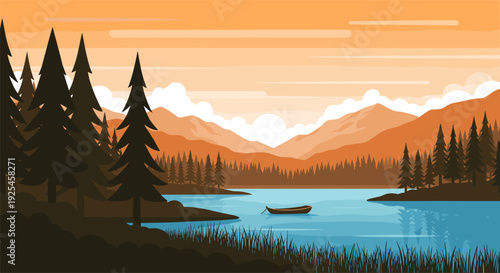 Scenic lake and mountains at sunset with pine trees in flat design