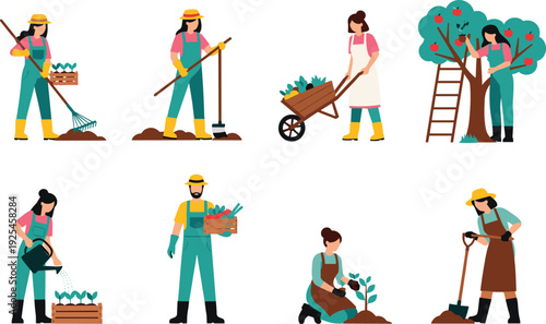 Gardening and Farming Activities Set with People Planting Watering Harvesting and Caring for Crops Vector Illustration Collection