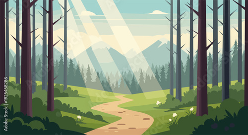 Sunlit woodland path with mountain views and tall pine trees in flat design