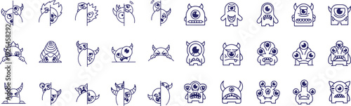 Assortment of blue outlined cartoon animal faces and emojis