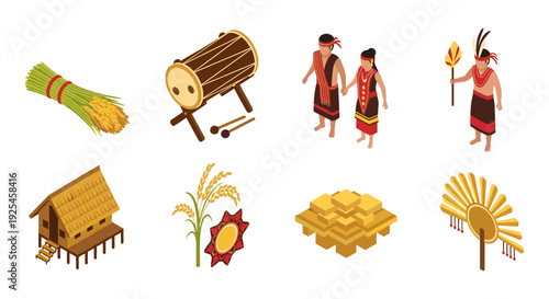 Indigenous festival icons set with traditional attire, instruments, and cultural symbols in isometric style