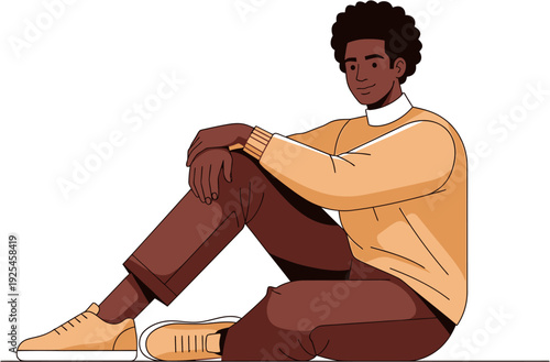 Illustration of a young Black man sitting and resting on a white background, looking relaxed