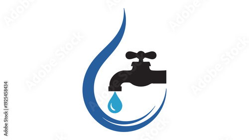 Minimalist water faucet and drip icon in blue and white