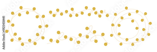 Festive light decorative with bulb string garland and xmas christmas holiday. Gold background border with isolated flat white and strand decoration party. Color whimsical festive with pattern.