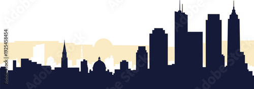 A striking silhouette of a modern cityscape against a backdrop of warm, muted tones, showcasing an urban skyline with diverse architectural styles