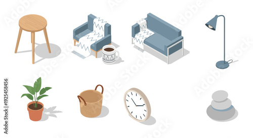 Modern isometric home interiors with furniture, plants, and decor elements