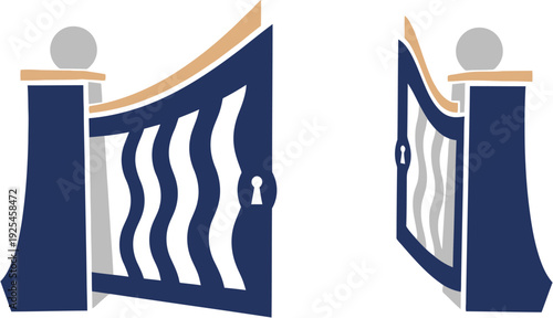 Stylized graphic illustration of an elegant ornamental gate, featuring a keyhole, signifying entry, security, and the concept of opening opportunities or welcoming
