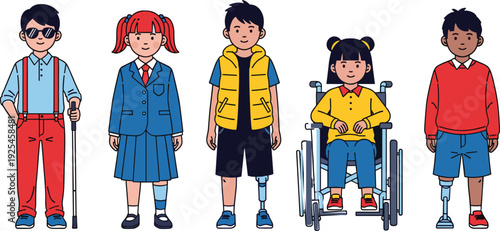 Children with Disabilities Character Set Including Kids with Prosthetic Leg Wheelchair and White Cane Vector Illustration Collection