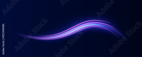 Neon cyan and purple arcs twist elegantly across dark space. Glowing trails emit sparkling highlights. Dynamic energy radiates from abstract forms.