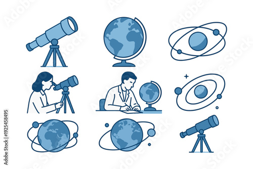 Astronomy enthusiasts studying telescopes and planets in linear design