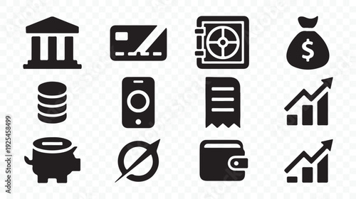 Finance icon set. Includes bank, credit card, wallet, money bag, coins, piggy bank, camera, document, graph, and calculator symbols. Created in solid black style with transparent background.