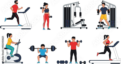 Gym Workout and Fitness Training Set with Treadmill Weightlifting Cycling and Strength Exercises Vector Illustration Collection