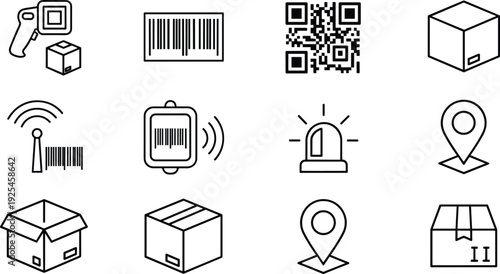 Logistics and delivery icon set, barcode scanner, QR code, shipping boxes, location pins, and warehouse 