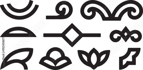 Ornate border and frame vector icon set. Includes swirls, leaves, and decorative shapes. Created in simple line style with black color.