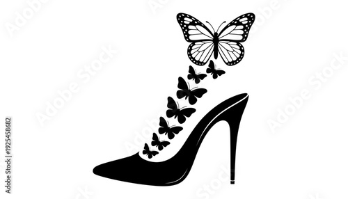A black high heel shoe with butterflies flying out of it in a beautiful silhouette illustration
