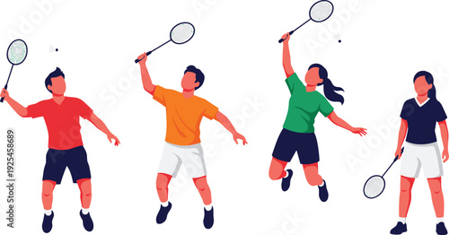Badminton Players Action Set with Male and Female Athletes Jump Smash and Racket Sport Vector Illustration Collection