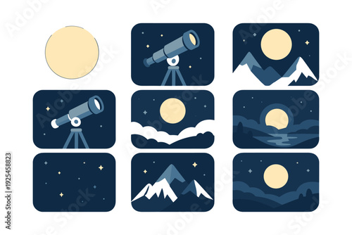 Night sky and astronomy themed flat design with telescope and moonlit mountain scenery
