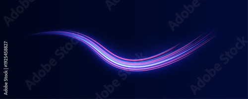 Cyan and purple neon arcs create a futuristic flow. Twisting light lines form abstract wave patterns. Dark background emphasizes glowing motion.