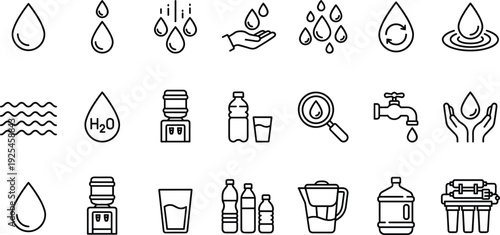 Minimalist water icons, droplet, faucet, filtration system, bottle, glass, pitcher, dispenser, H₂O, conservation, purification, sustainability, eco, clean, flow, ripple, recycle, 