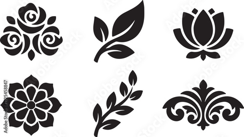 Floral icon set, 6 black and white decorative elements
