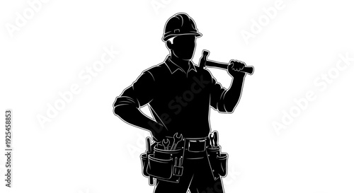 Construction worker silhouette with tools against white background