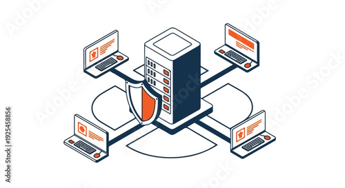 Isometric illustration of a secure server network with data protection shield, representing cybersecurity, cloud computing, and digital infrastructure.