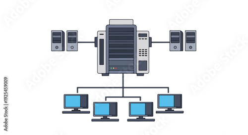 Central server managing data flow and connectivity for multiple client computers and network devices, representing modern IT infrastructure and cloud computing.