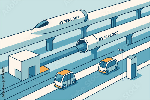 Futuristic hyperloop and autonomous vehicles in isometric cityscape