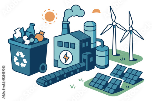 Sustainable energy and recycling concept with solar panels and wind turbines