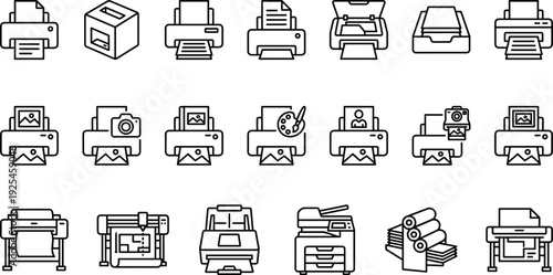 Printer icons, printing devices, 3D printer, photo printer, multifunction printer, plotter, scanner, copier, large format, office tools, technology symbols