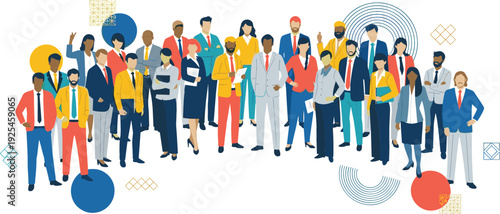 Large diverse group of professional business people and corporate characters standing together representing global teamwork and workplace inclusion