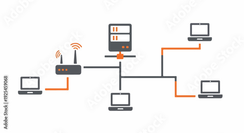 Network diagram illustrating server, router, and multiple laptops connected via wired and wireless technology, depicting a modern internet and data communication.