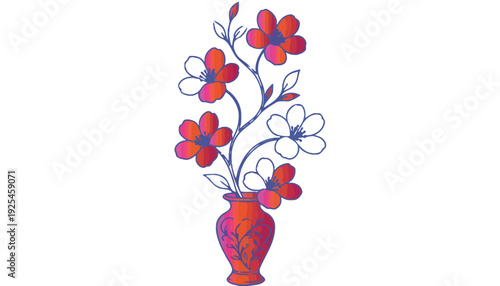 A flower illustration in a colorful vase with red and white blooms