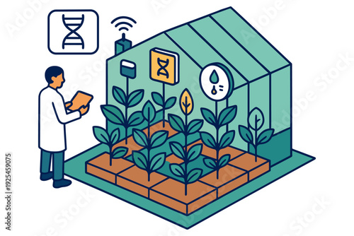 Innovative isometric greenhouse with scientist monitoring smart agriculture technology