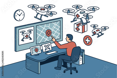 Emergency drone control room with operator using monitoring system and delivery interface